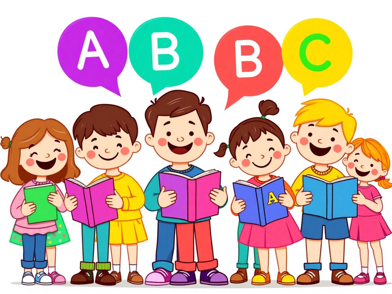 Happy children learning English together with colorful alphabet speech bubbles
